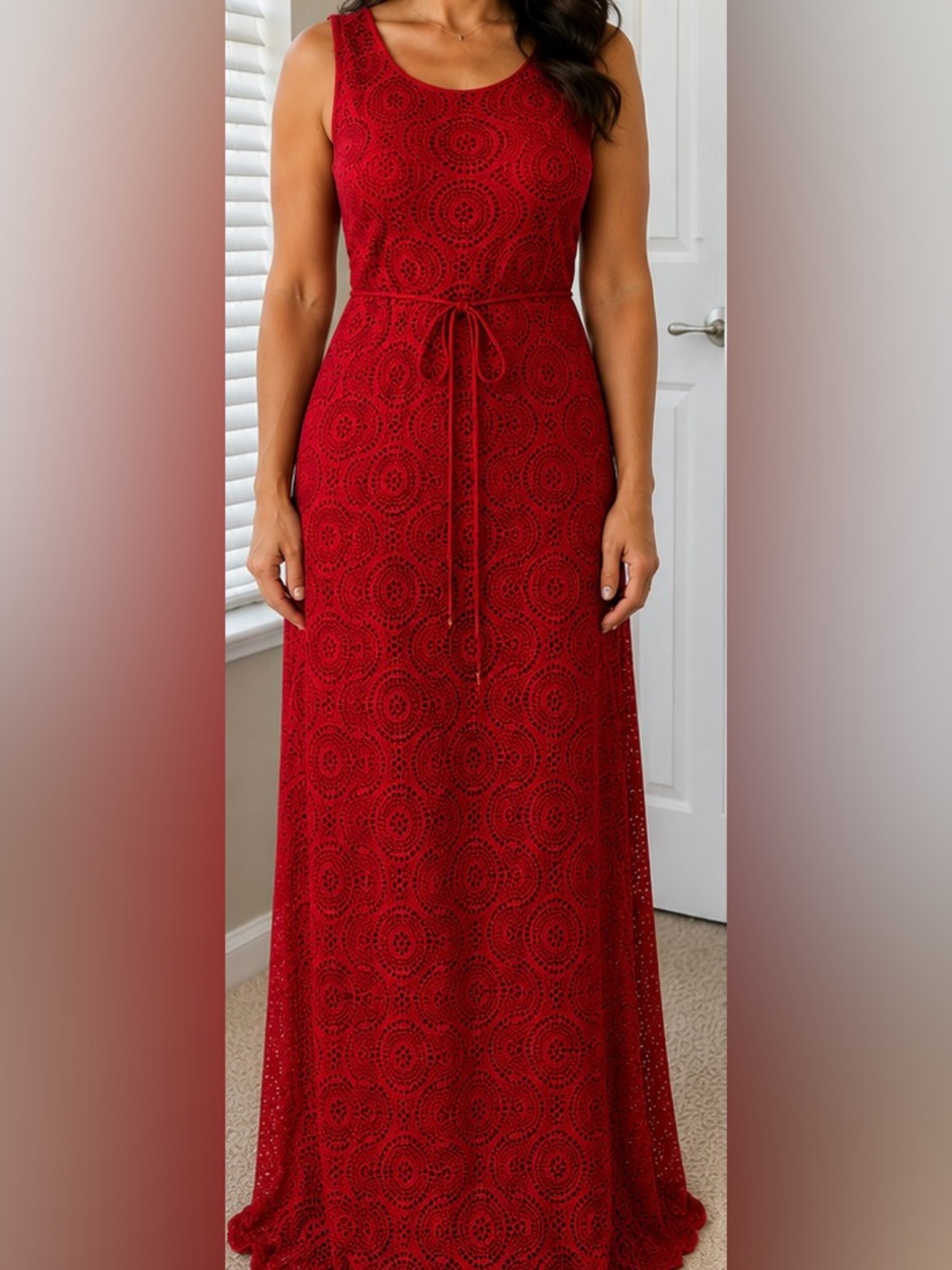 Red Lace Sleeveless Maxi Dress - Elegant Women's Evening Dress